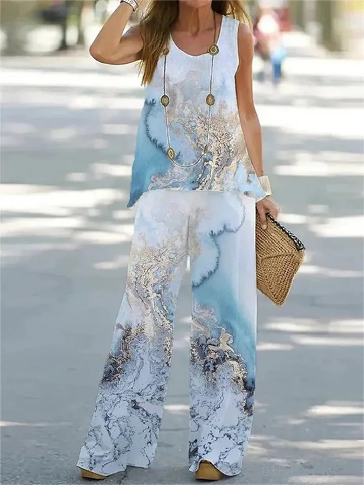 Women's Summer Vacation Unique Feather Print Chiffon Set