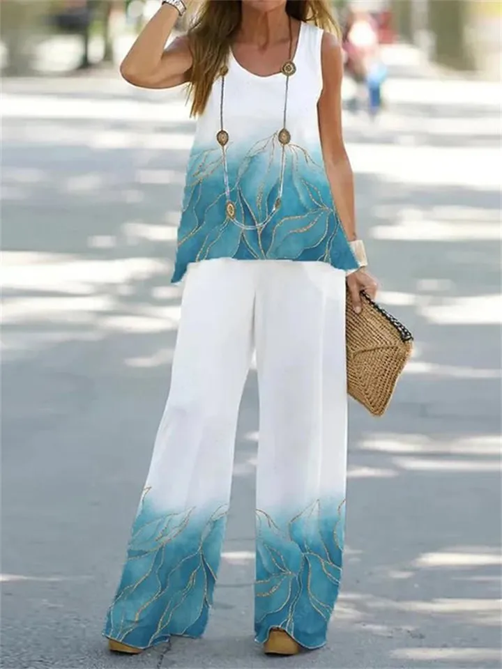 Women's Summer Vacation Unique Feather Print Chiffon Set