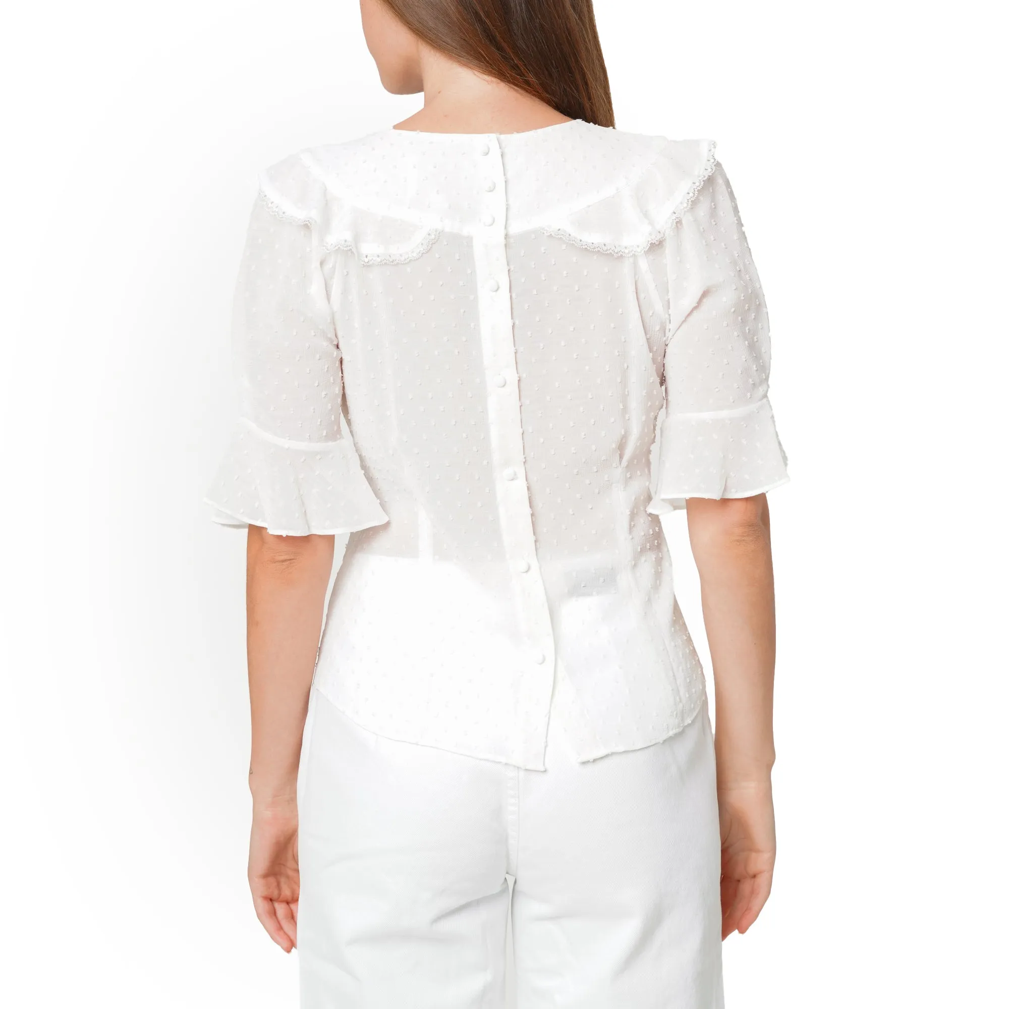 Women's Swiss Dot Ruffle Sleeve Top in White