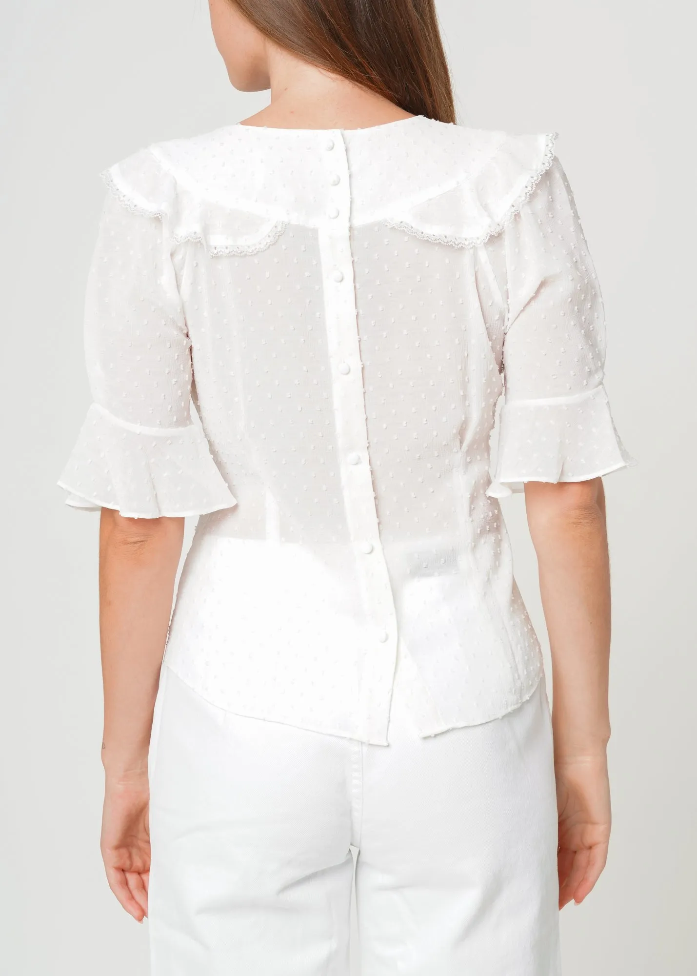 Women's Swiss Dot Ruffle Sleeve Top in White