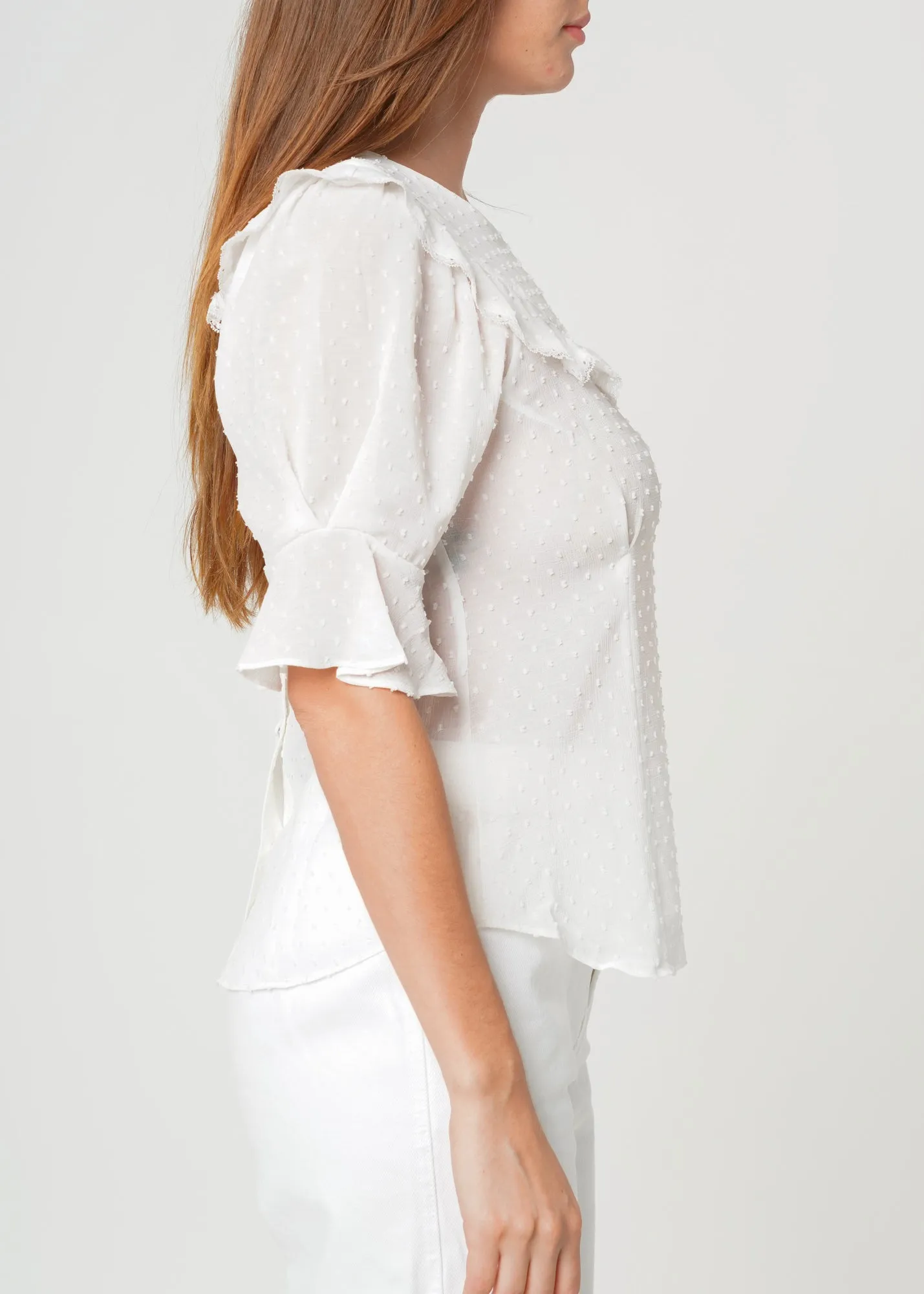 Women's Swiss Dot Ruffle Sleeve Top in White