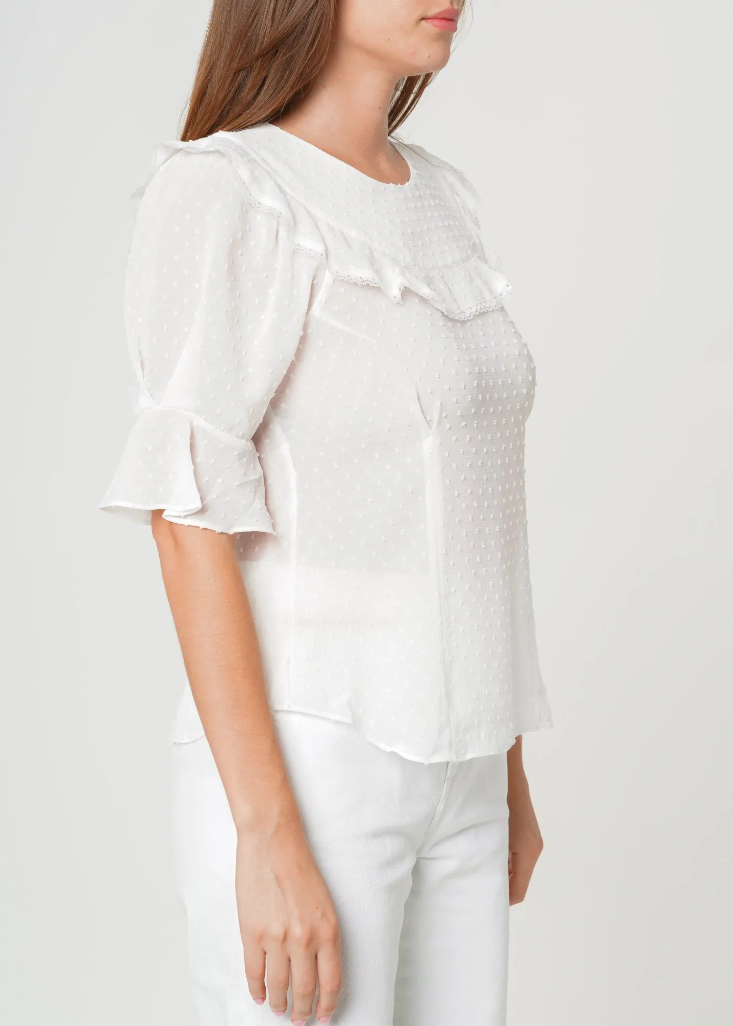 Women's Swiss Dot Ruffle Sleeve Top in White