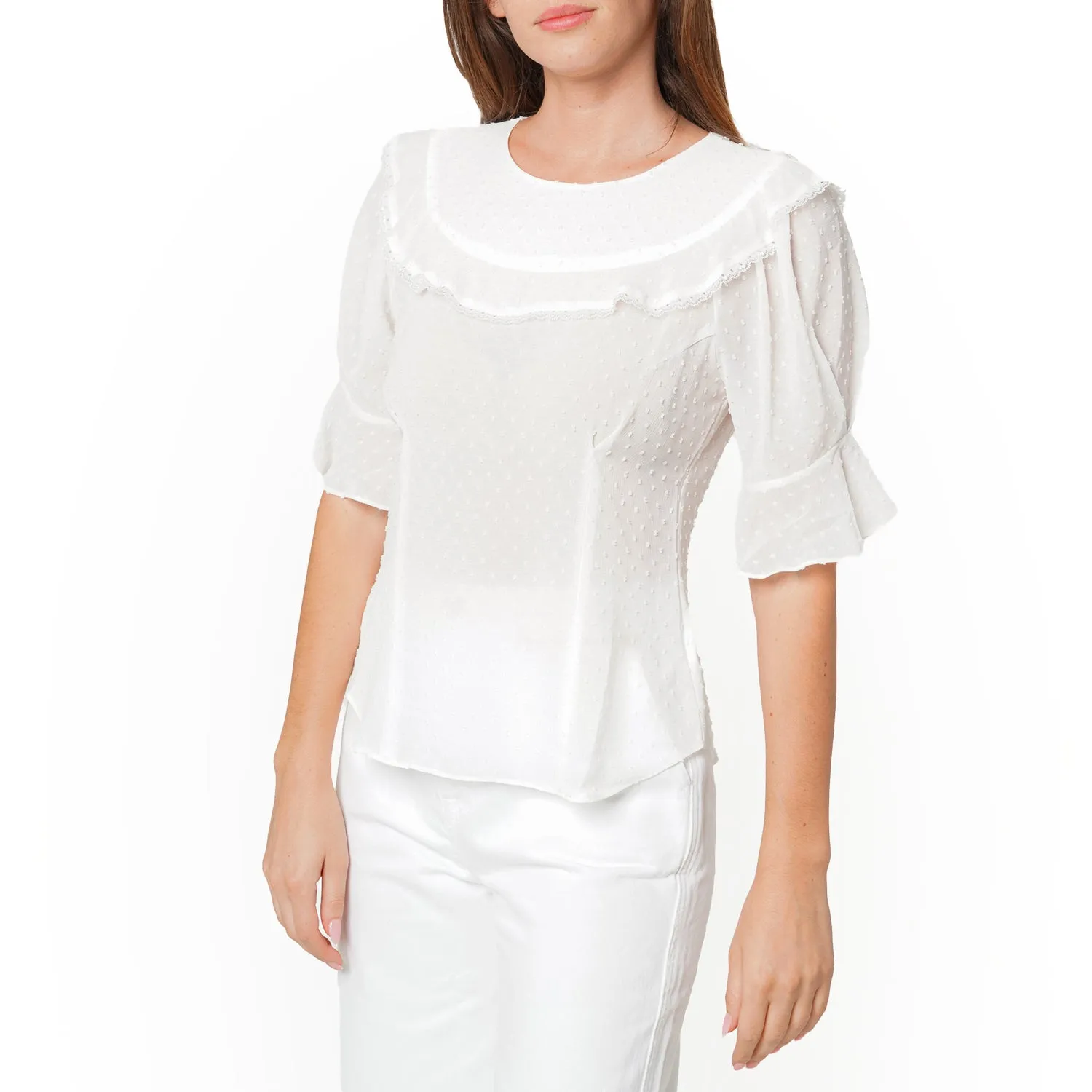Women's Swiss Dot Ruffle Sleeve Top in White