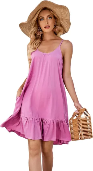 Women'S V Neck Floral Summer Dress Boho Printed Adjustable Spaghetti Strap Beach Short Dress with Pockets
