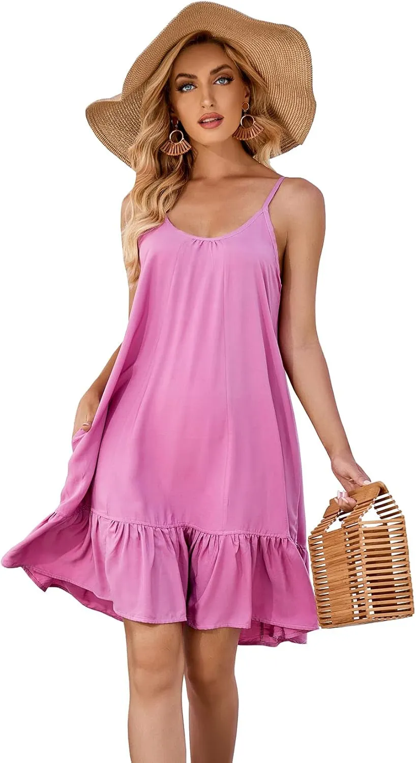 Women'S V Neck Floral Summer Dress Boho Printed Adjustable Spaghetti Strap Beach Short Dress with Pockets