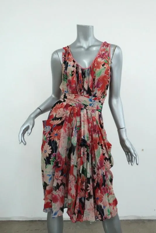 Wunderkind Dress Pleated Floral Print Chiffon Size 40 Sleeveless Tie-Waist