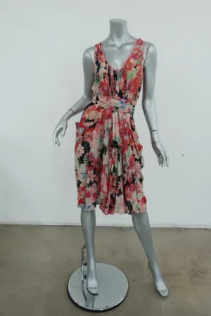 Wunderkind Dress Pleated Floral Print Chiffon Size 40 Sleeveless Tie-Waist