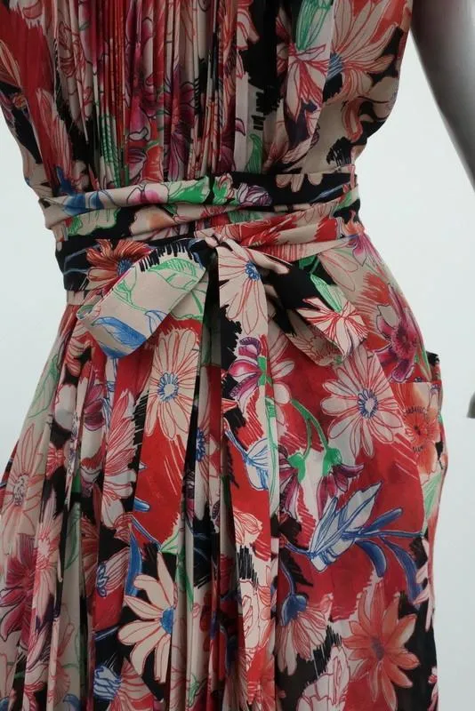 Wunderkind Dress Pleated Floral Print Chiffon Size 40 Sleeveless Tie-Waist