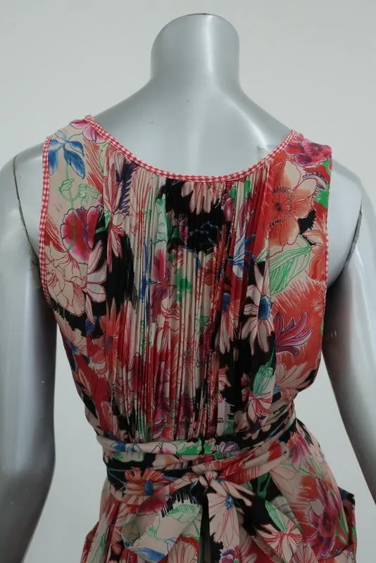 Wunderkind Dress Pleated Floral Print Chiffon Size 40 Sleeveless Tie-Waist
