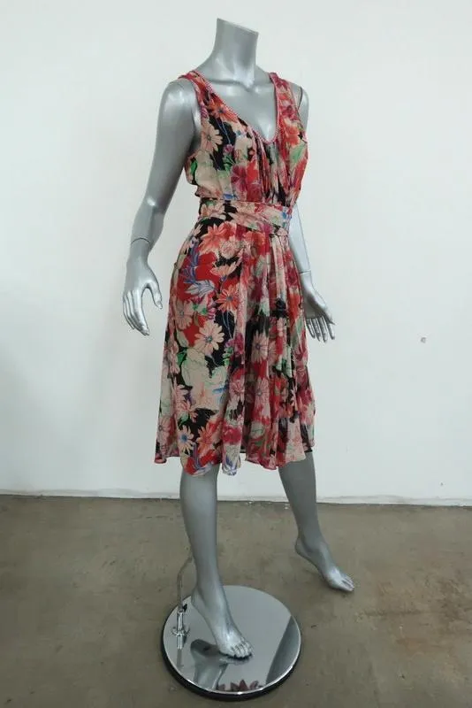 Wunderkind Dress Pleated Floral Print Chiffon Size 40 Sleeveless Tie-Waist