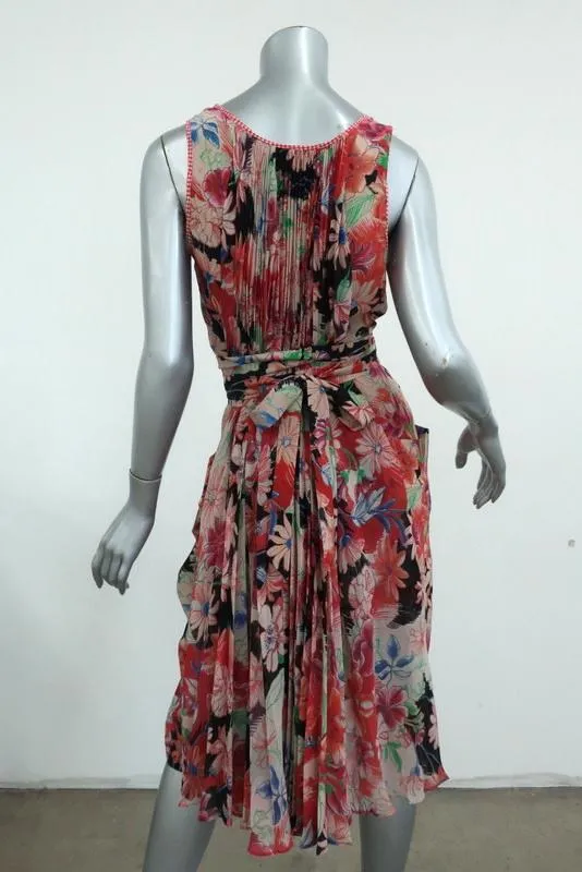 Wunderkind Dress Pleated Floral Print Chiffon Size 40 Sleeveless Tie-Waist