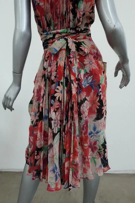 Wunderkind Dress Pleated Floral Print Chiffon Size 40 Sleeveless Tie-Waist