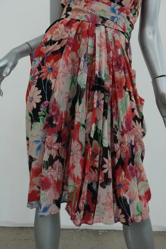 Wunderkind Dress Pleated Floral Print Chiffon Size 40 Sleeveless Tie-Waist