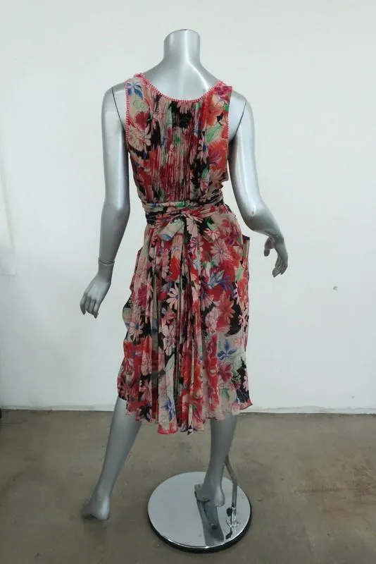 Wunderkind Dress Pleated Floral Print Chiffon Size 40 Sleeveless Tie-Waist