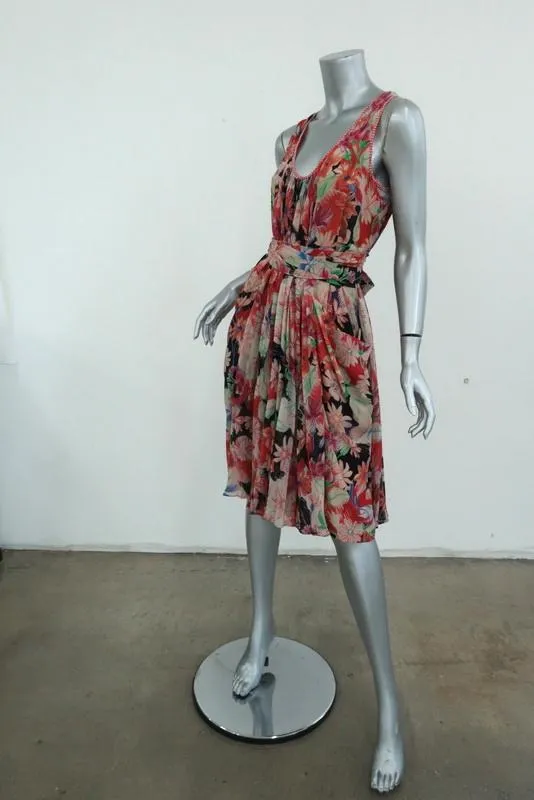 Wunderkind Dress Pleated Floral Print Chiffon Size 40 Sleeveless Tie-Waist