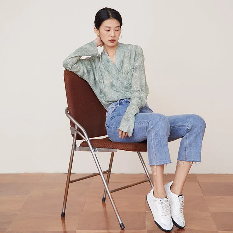 XIWYINSHE Wenjiu Spanish Special-Interest Design Lime Sparkling Water Silk Shirt Women's Shirt Mulberry Silk Long-Sleeved Shirt for Women