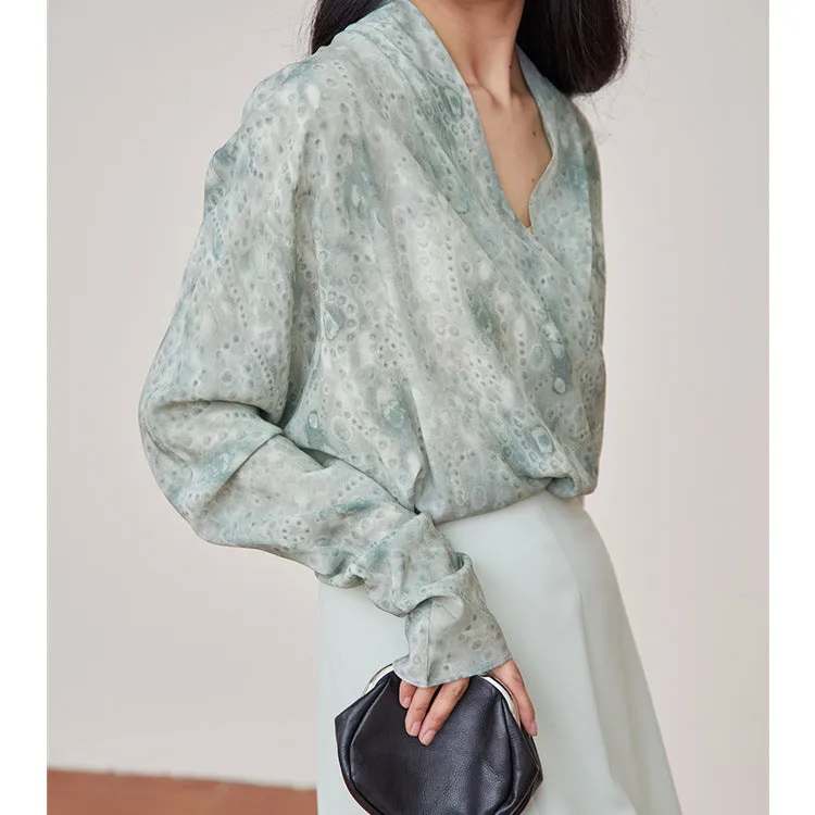 XIWYINSHE Wenjiu Spanish Special-Interest Design Lime Sparkling Water Silk Shirt Women's Shirt Mulberry Silk Long-Sleeved Shirt for Women