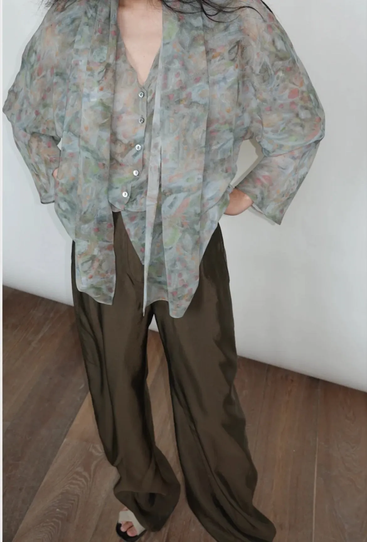 XIWYINSHE Wenjiu Spanish Special-Interest Design Lime Sparkling Water Silk Shirt Women's Shirt Mulberry Silk Long-Sleeved Shirt for Women
