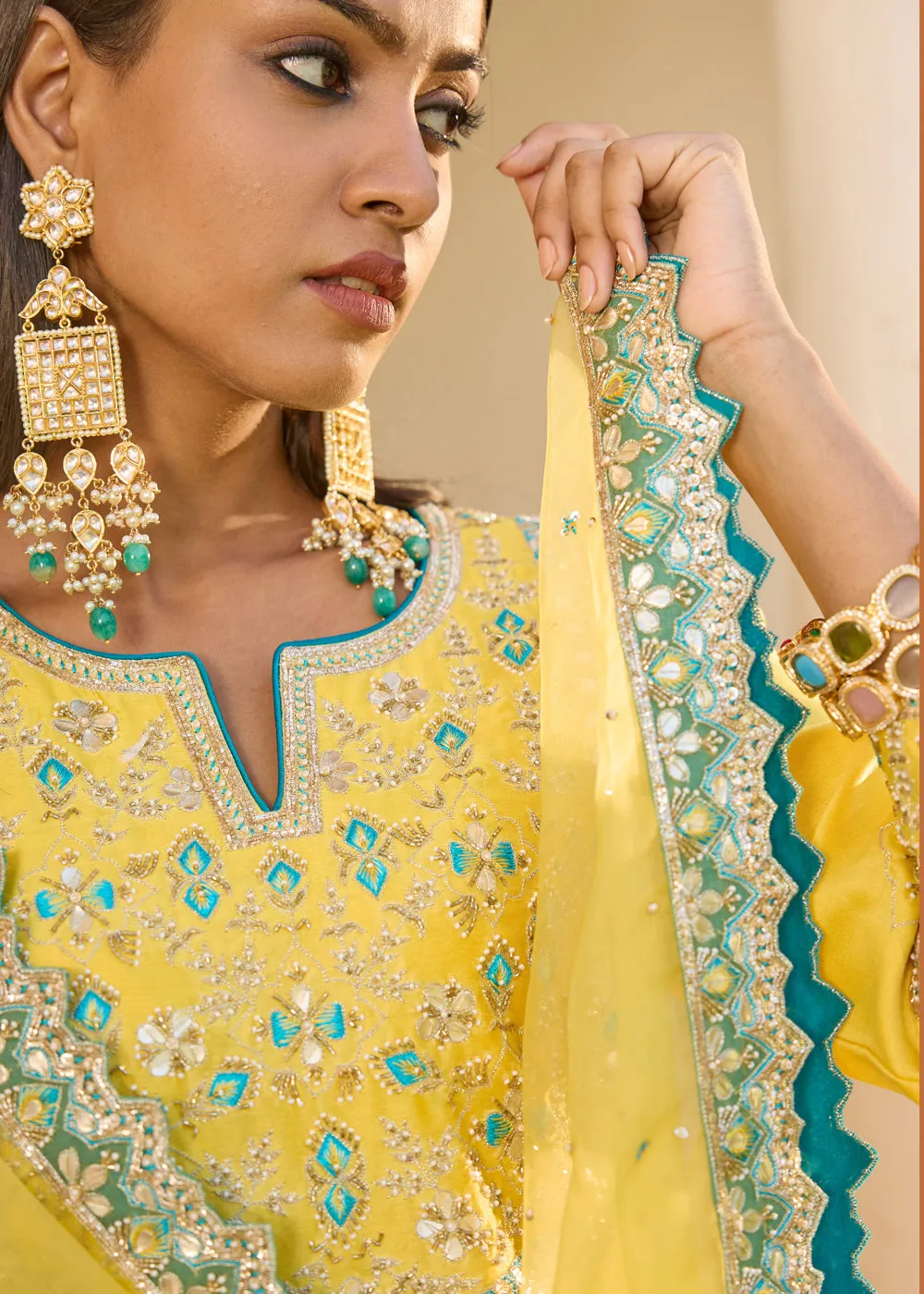 Yellow Blue Silk Zardosi Resham Naksshi Embroidered Sharara Set