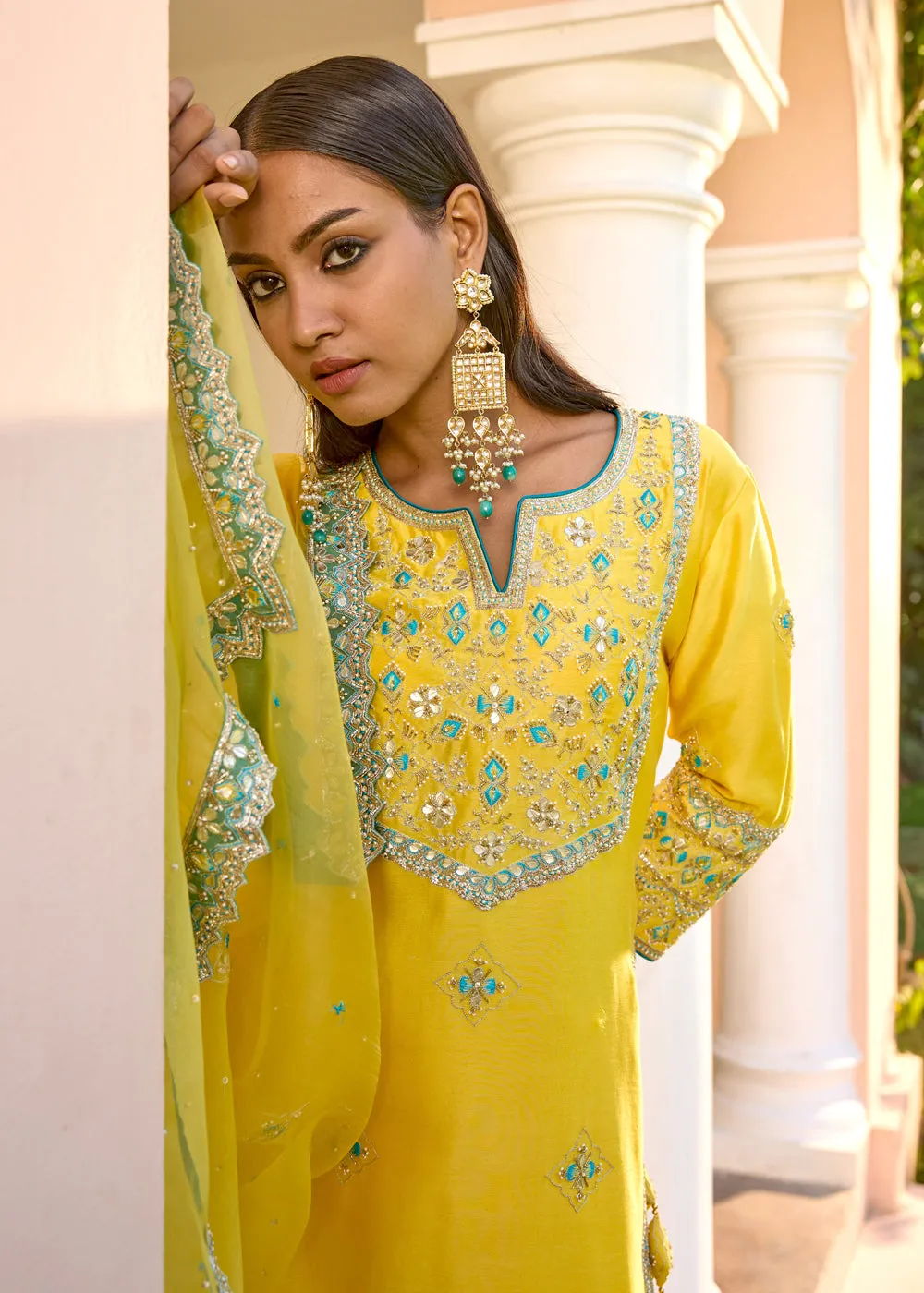 Yellow Blue Silk Zardosi Resham Naksshi Embroidered Sharara Set