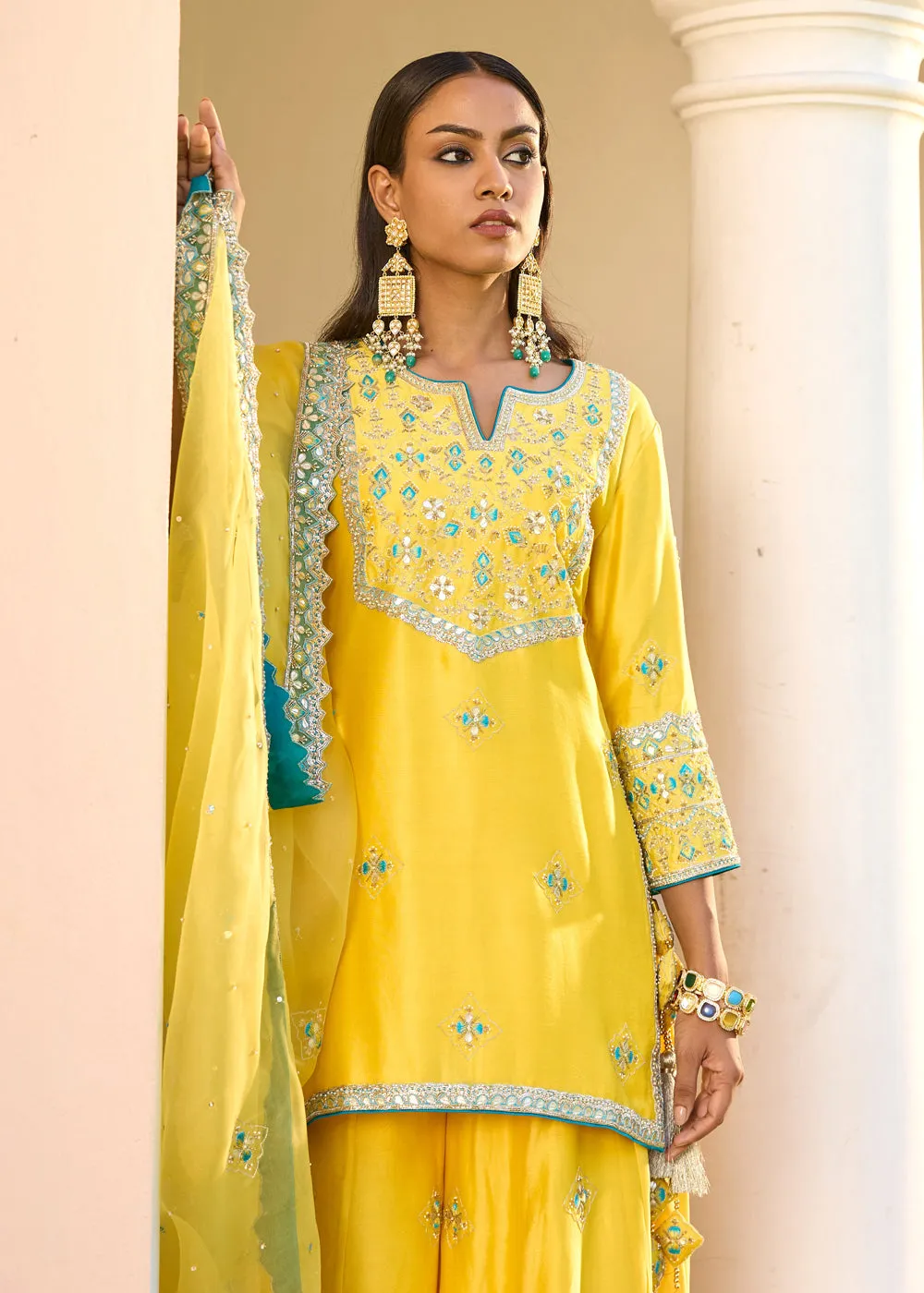 Yellow Blue Silk Zardosi Resham Naksshi Embroidered Sharara Set