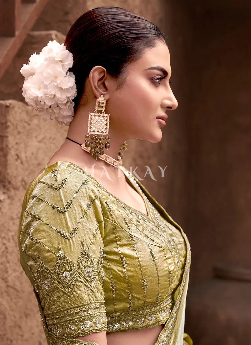 Yellow Handwork Embroidery Satin Silk Saree