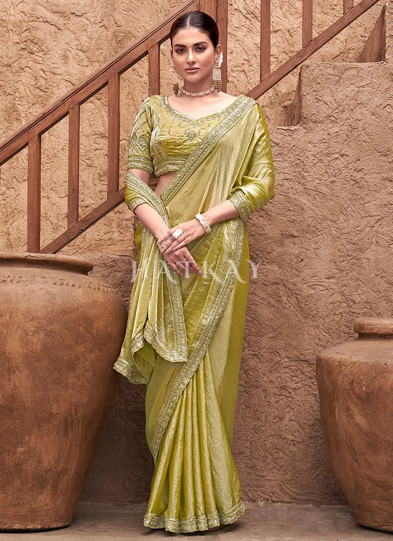 Yellow Handwork Embroidery Satin Silk Saree