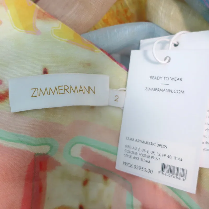 Zimmermann Tama Asymmetric One-Shoulder Dress Multicolor Poster Print Size 2 NEW